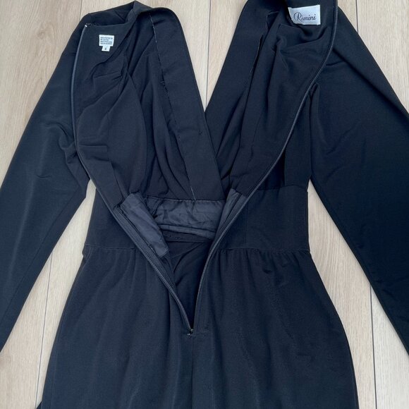 Vintage 80s Rimini Long Sleeve V-Neck Draped Tea Length Midi Black Dress Size 6 - Picture 4 of 14